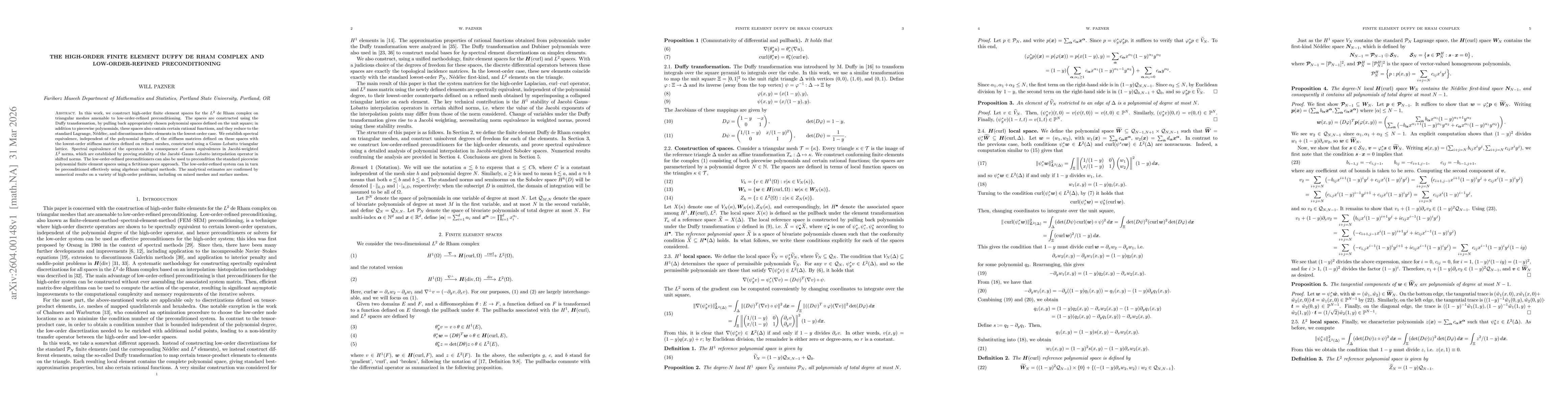 Thumbnail for The high-order finite element Duffy de Rham complex and low-order-refined preconditioning