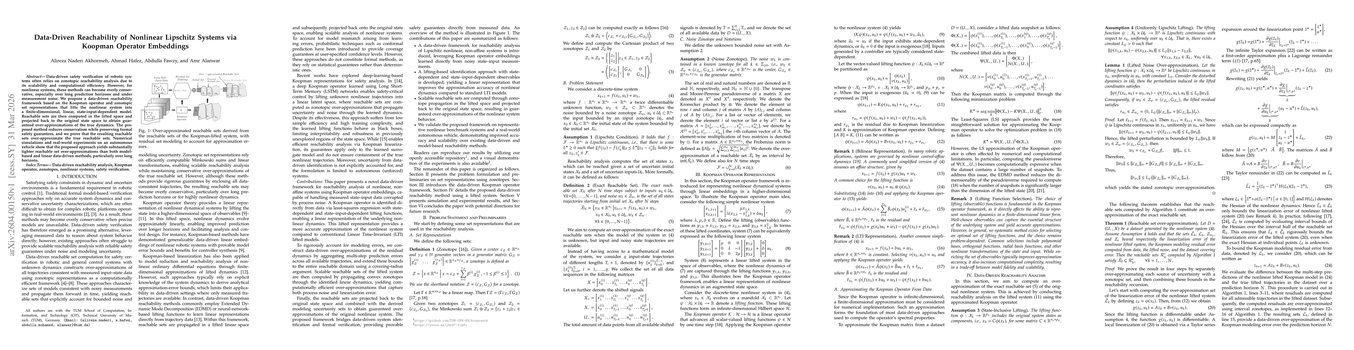 Thumbnail for Data-Driven Reachability of Nonlinear Lipschitz Systems via Koopman Operator Embeddings