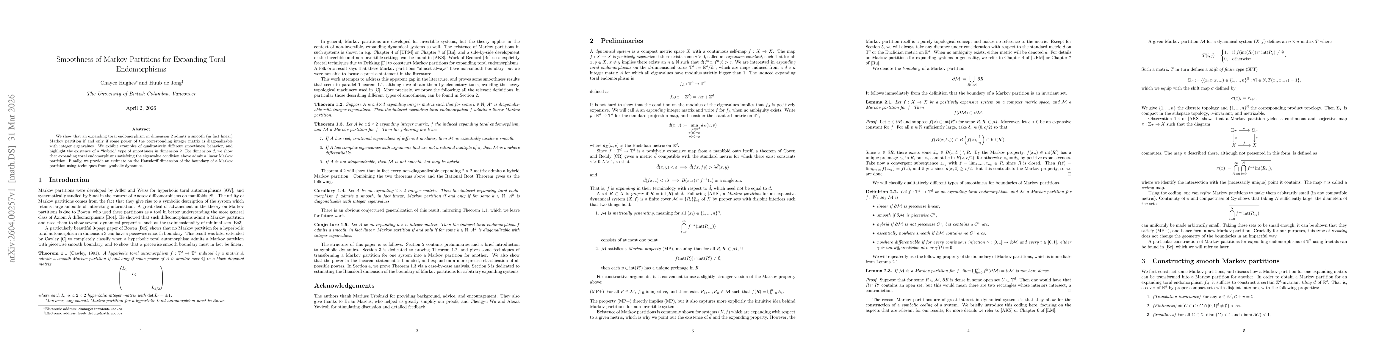 Thumbnail for Smoothness of Markov Partitions for Expanding Toral Endomorphisms
