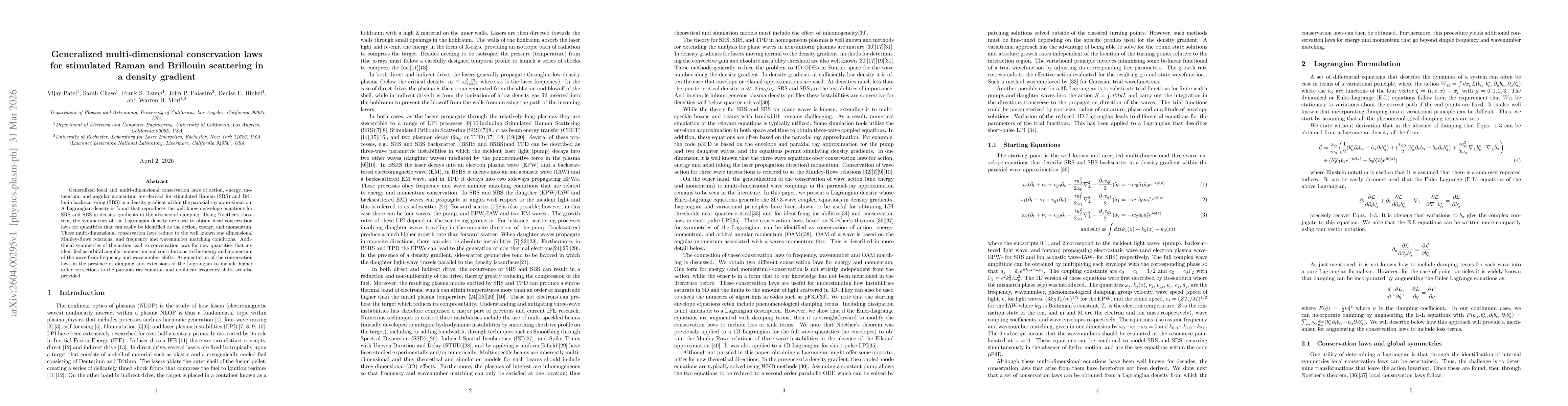 Thumbnail for Generalized multi-dimensional conservation laws for stimulated Raman and Brillouin scattering in a density gradient