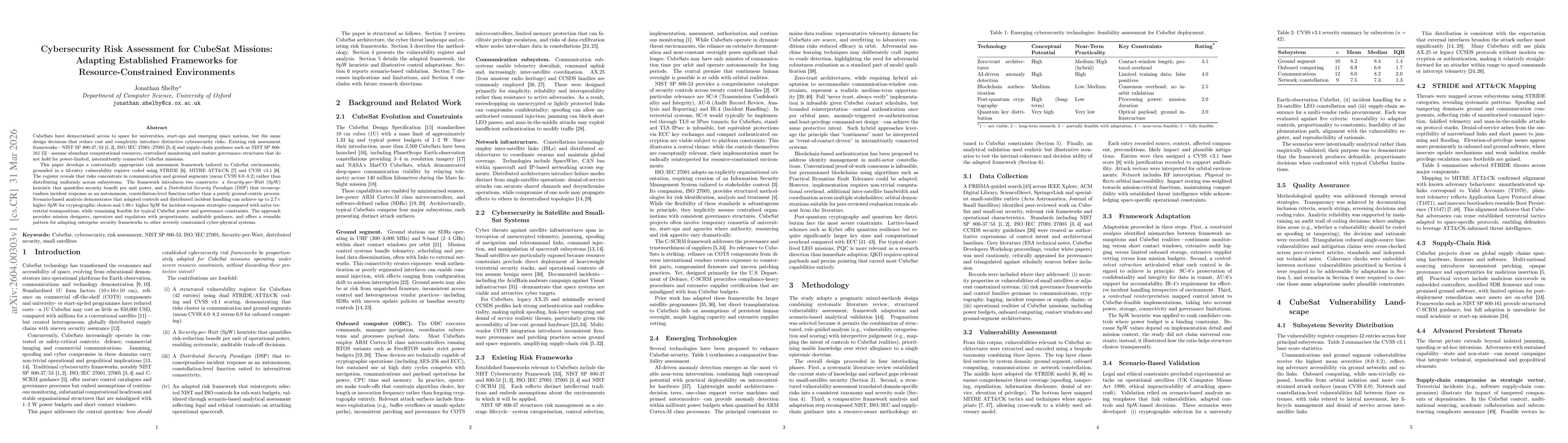 Thumbnail for Cybersecurity Risk Assessment for CubeSat Missions: Adapting Established Frameworks for Resource-Constrained Environments