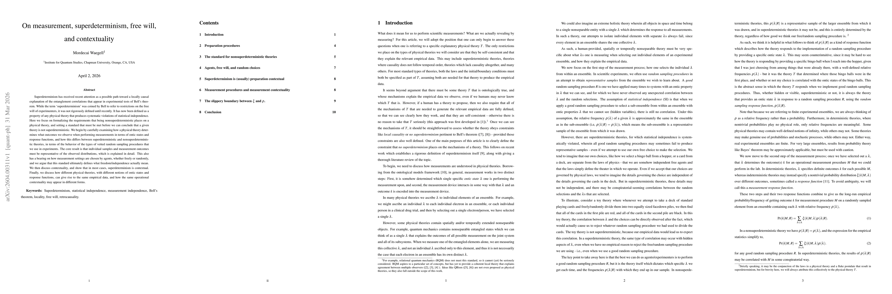 Thumbnail for On measurement, superdeterminism, free will, and contextuality