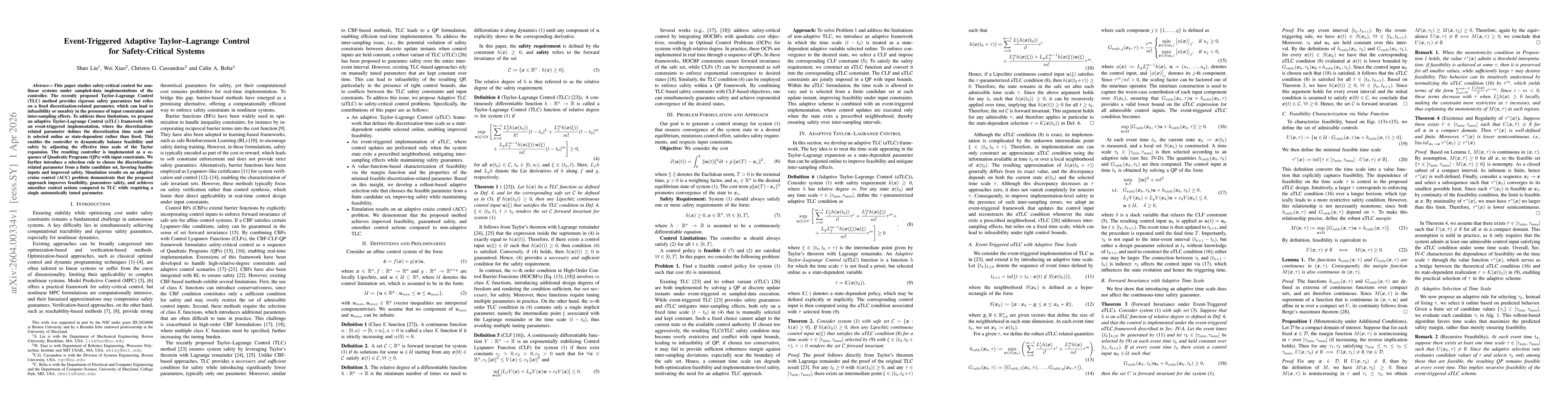 Thumbnail for Event-Triggered Adaptive Taylor-Lagrange Control for Safety-Critical Systems