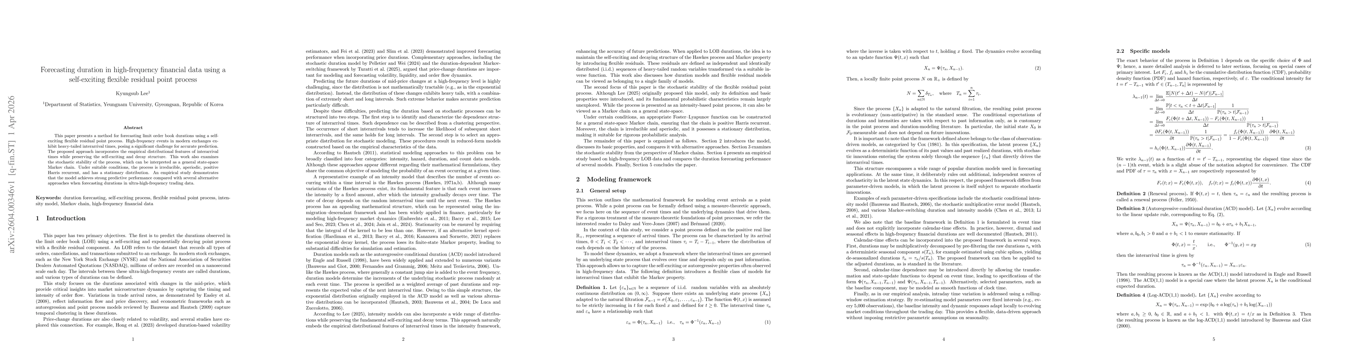 Thumbnail for Forecasting duration in high-frequency financial data using a self-exciting flexible residual point process