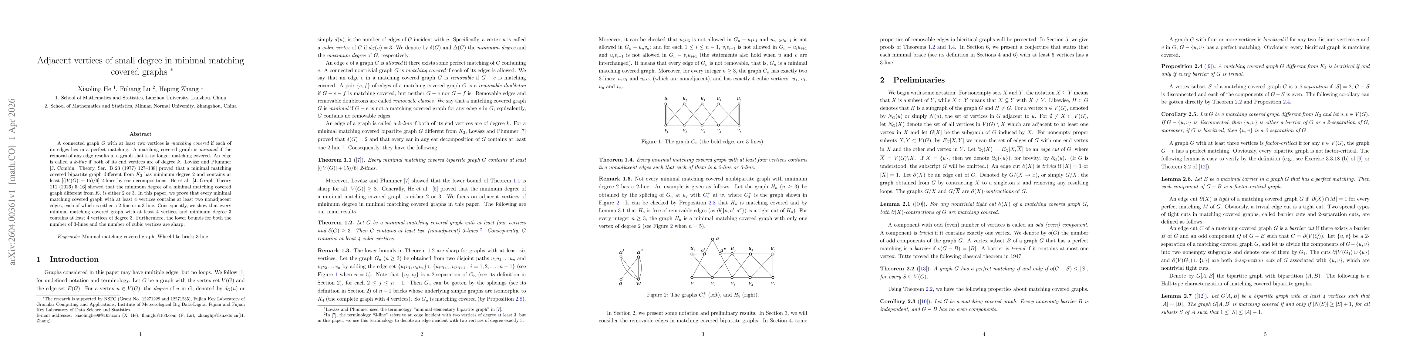 Thumbnail for Adjacent vertices of small degree in minimal matching covered graphs