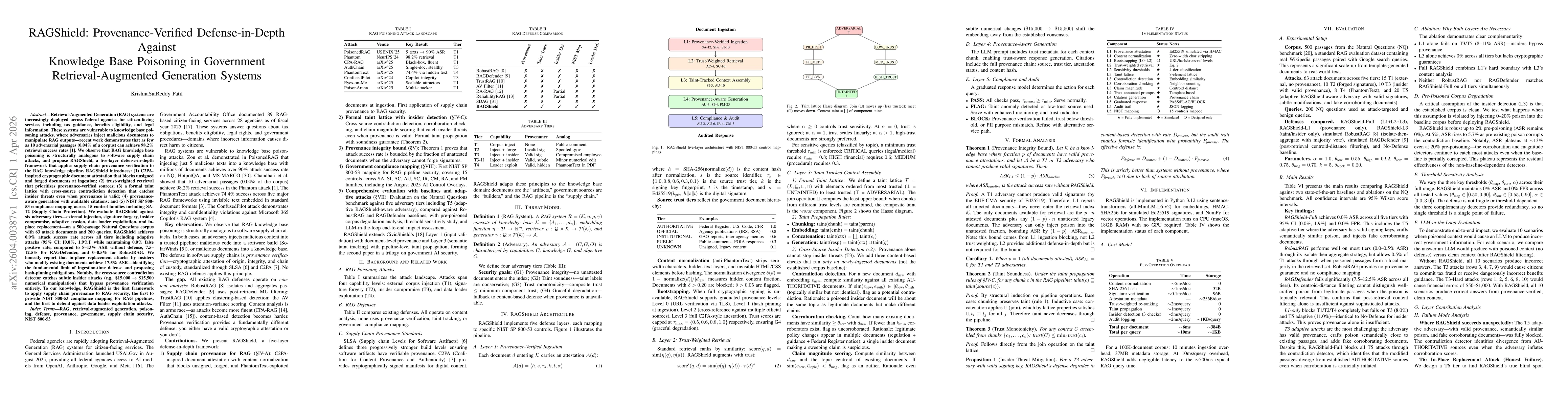 Thumbnail for RAGShield: Provenance-Verified Defense-in-Depth Against Knowledge Base Poisoning in Government Retrieval-Augmented Generation Systems