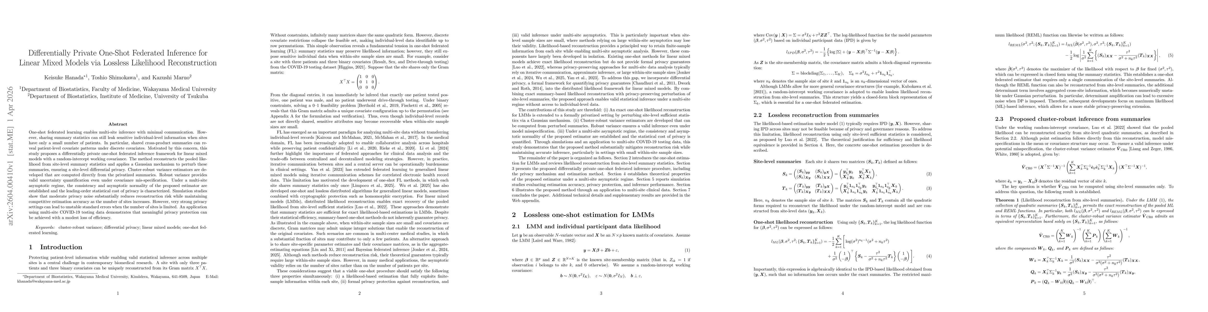 Thumbnail for Differentially Private One-Shot Federated Inference for Linear Mixed Models via Lossless Likelihood Reconstruction