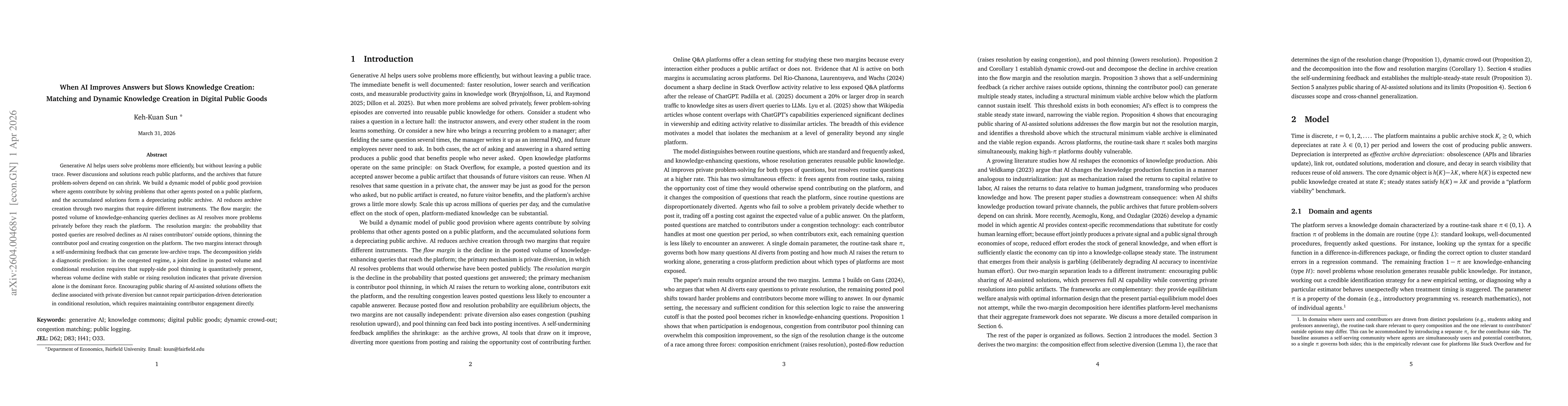 Thumbnail for When AI Improves Answers but Slows Knowledge Creation: Matching and Dynamic Knowledge Creation in Digital Public Goods