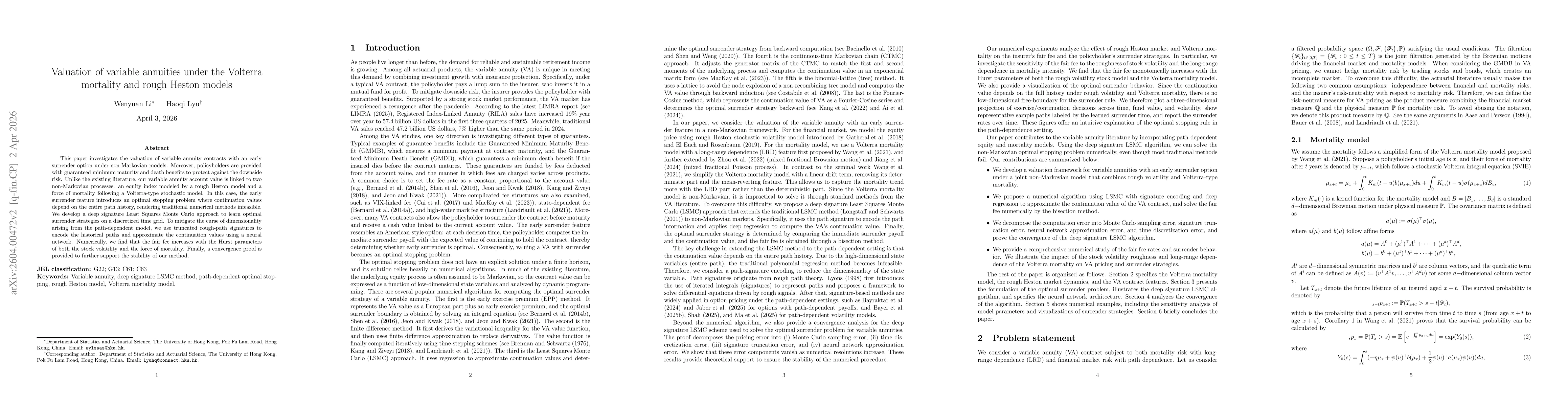 Thumbnail for Valuation of variable annuities under the Volterra mortality and rough Heston models
