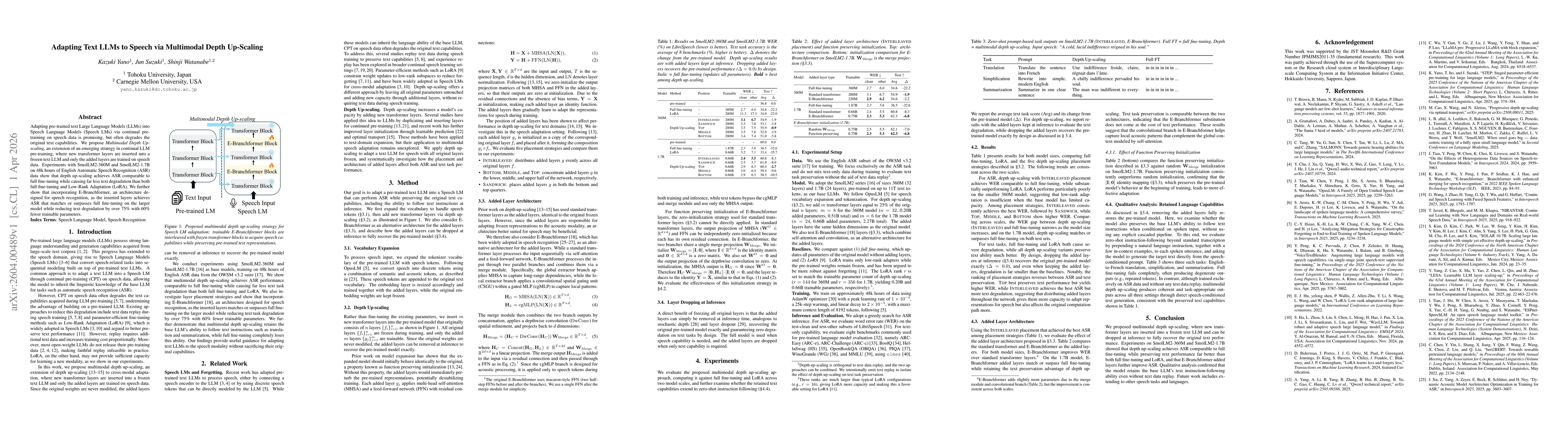 Thumbnail for Adapting Text LLMs to Speech via Multimodal Depth Up-Scaling