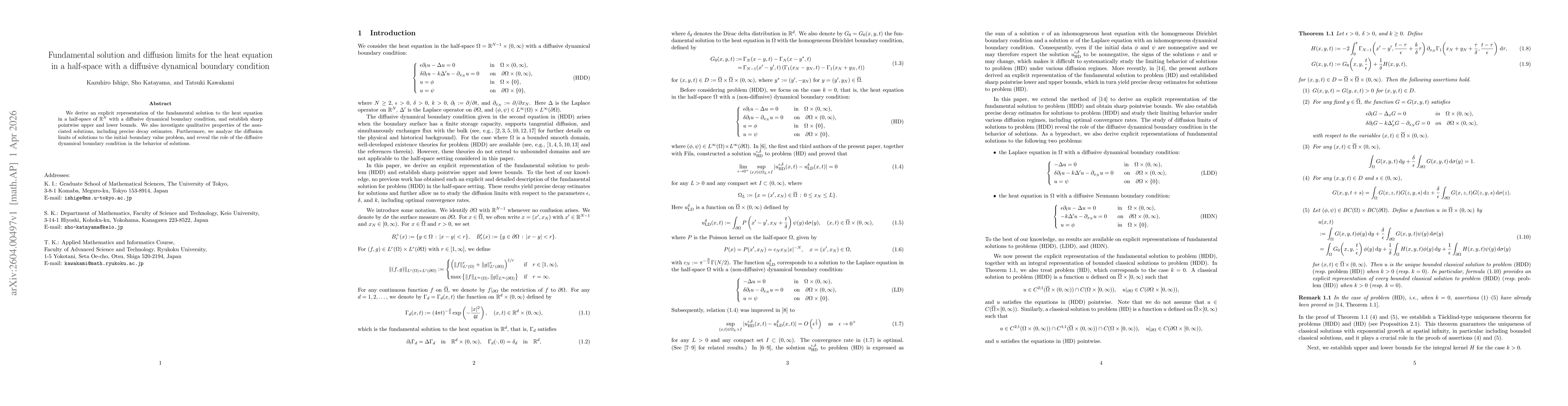 Thumbnail for Fundamental solution and diffusion limits for the heat equation in a half-space with a diffusive dynamical boundary condition