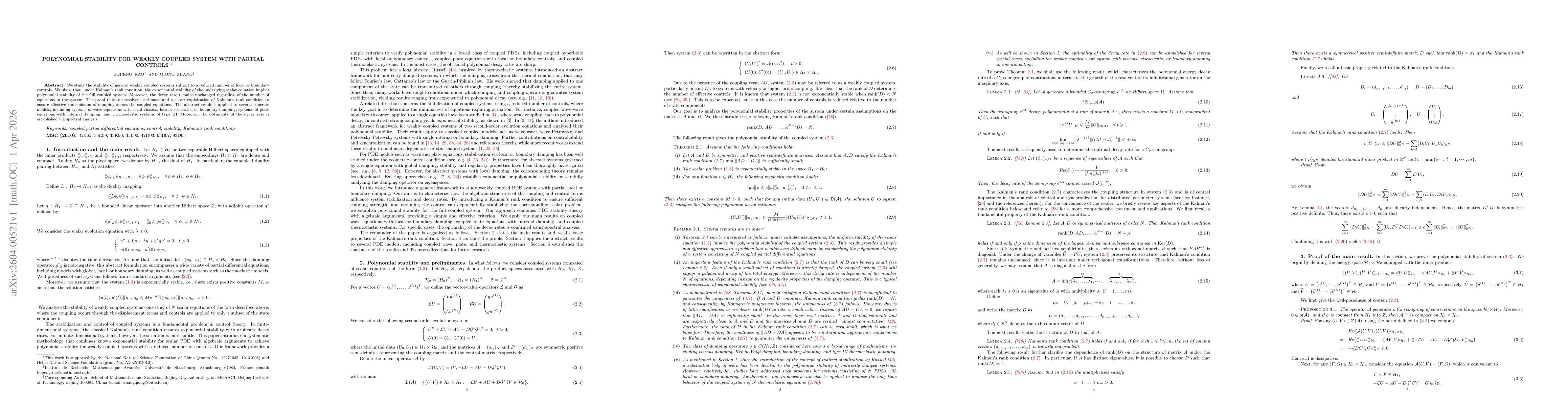 Thumbnail for Polynomial Stability for Weakly Coupled System with Partial Controls