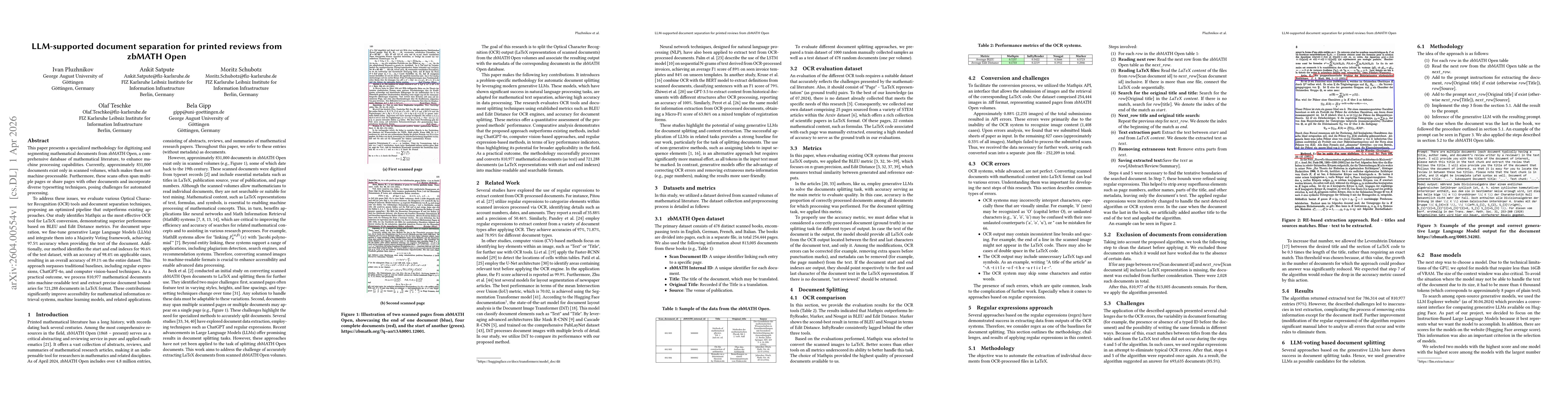 Thumbnail for LLM-supported document separation for printed reviews from zbMATH Open