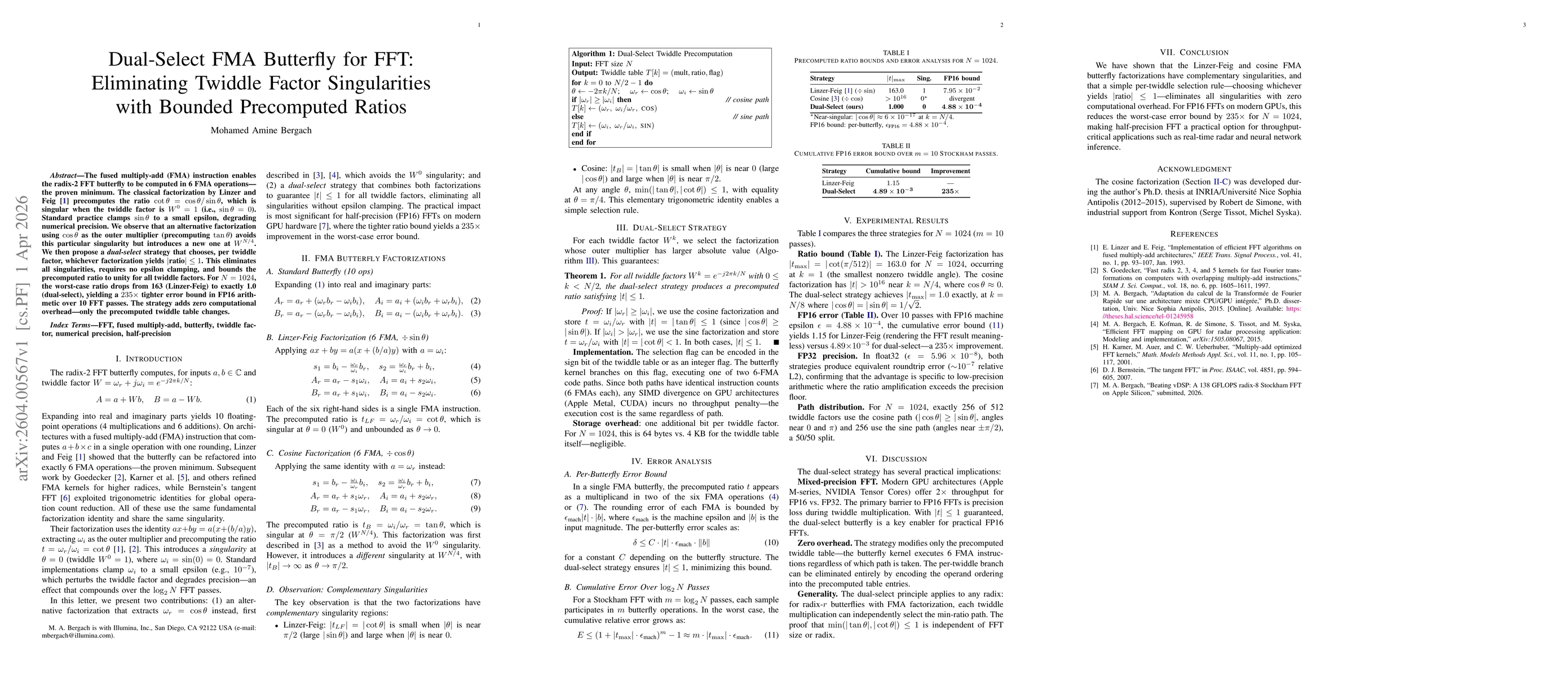 Thumbnail for Dual-Select FMA Butterfly for FFT: Eliminating Twiddle Factor Singularities with Bounded Precomputed Ratios