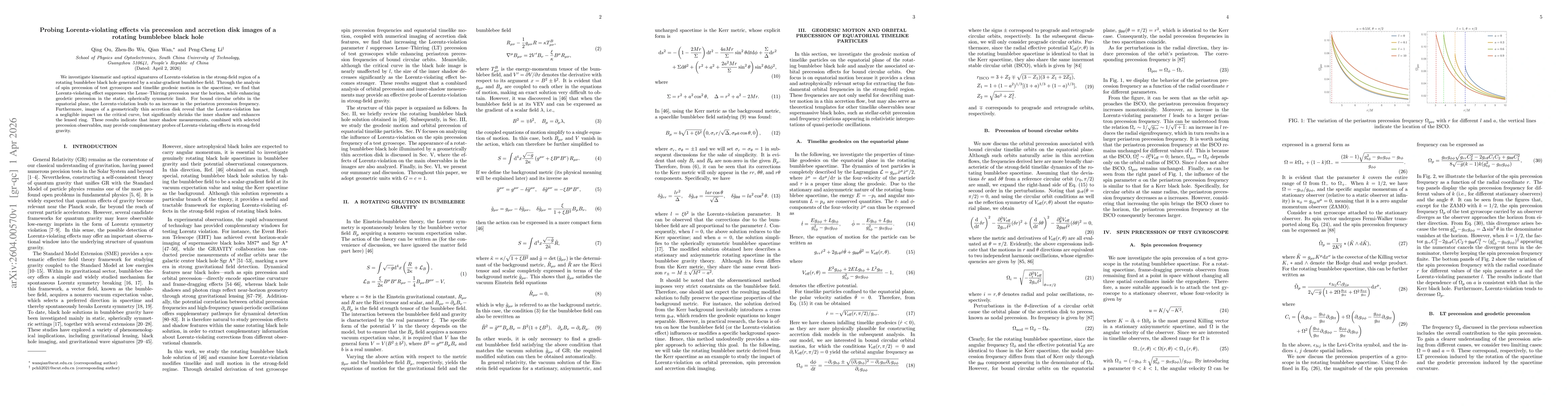 Thumbnail for Probing Lorentz-violating effects via precession and accretion disk images of a rotating bumblebee black hole