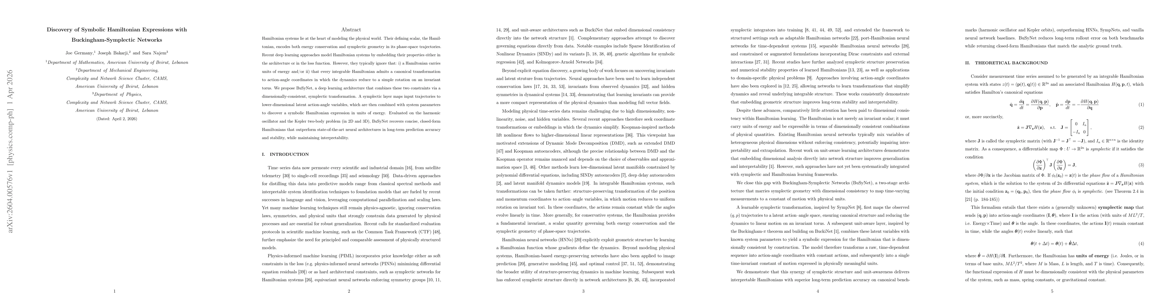 Thumbnail for Discovery of Symbolic Hamiltonian Expressions with Buckingham-Symplectic Networks