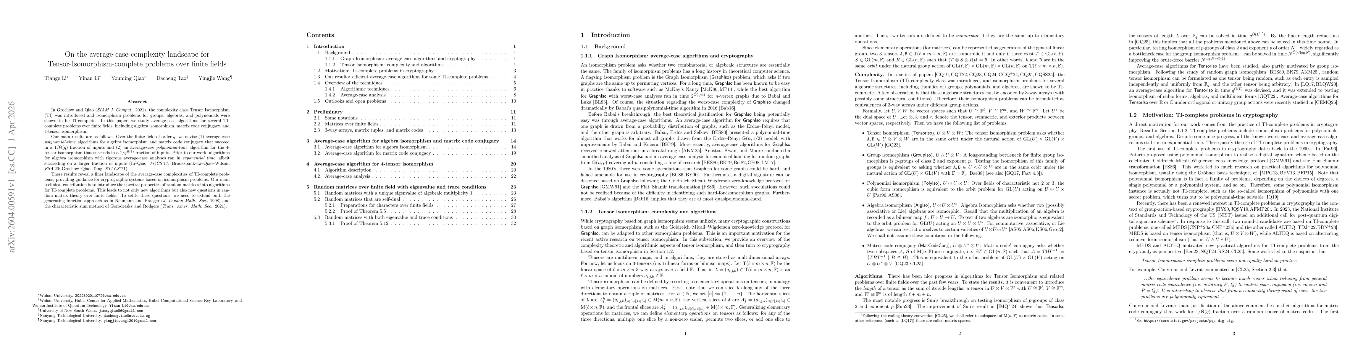 Thumbnail for On the average-case complexity landscape for Tensor-Isomorphism-complete problems over finite fields