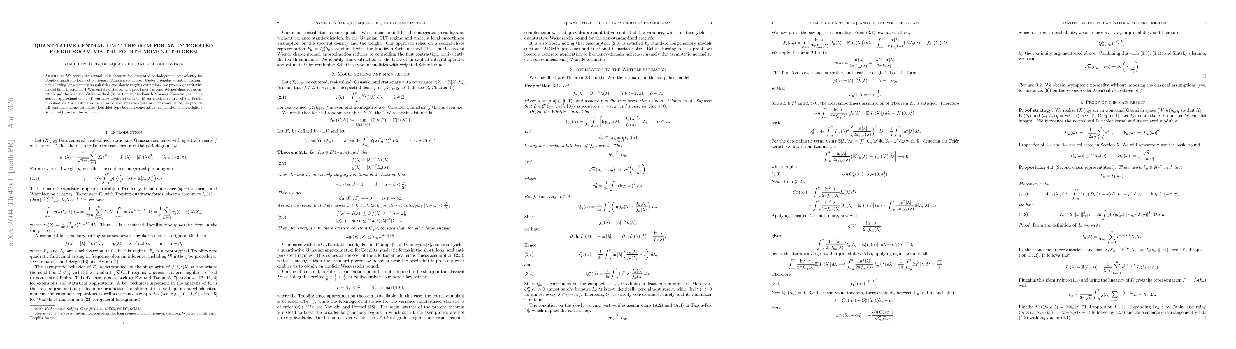 Thumbnail for Quantitative central limit theorem for an integrated periodogram via the fourth moment theorem
