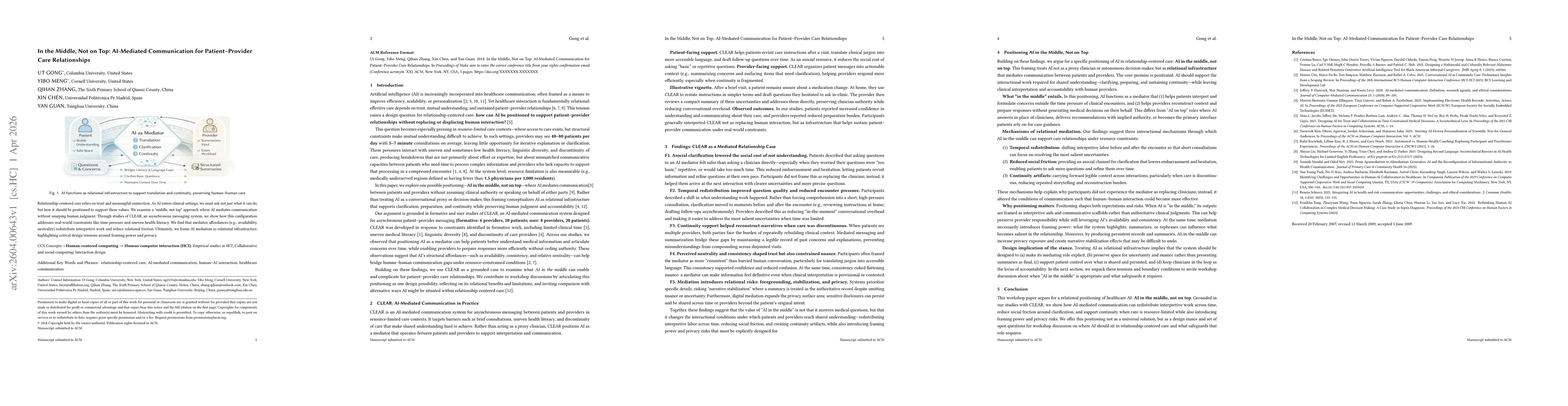 Thumbnail for In the Middle, Not on Top: AI-Mediated Communication for Patient-Provider Care Relationships