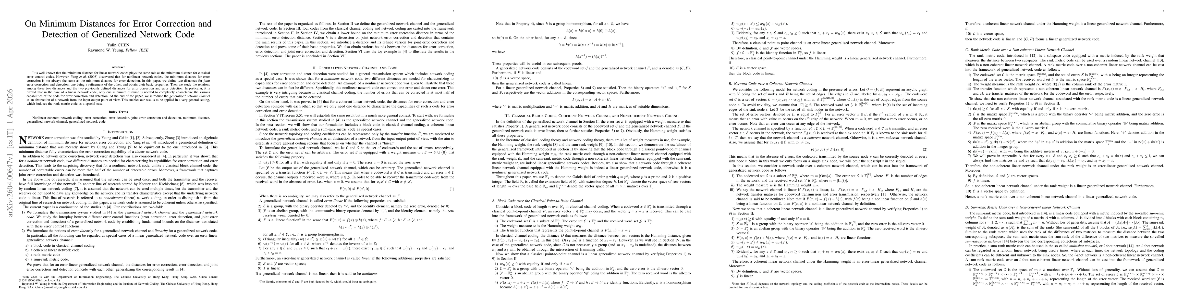 Thumbnail for On Minimum Distances for Error Correction and Detection of Generalized Network Code