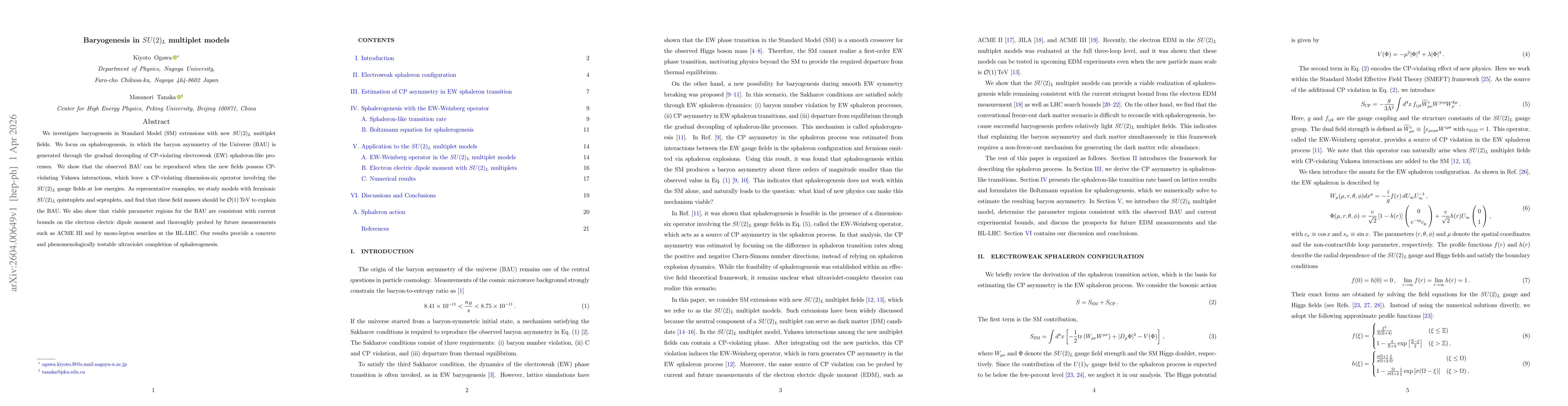 Thumbnail for Baryogenesis in $SU(2)_{L}$ multiplet models