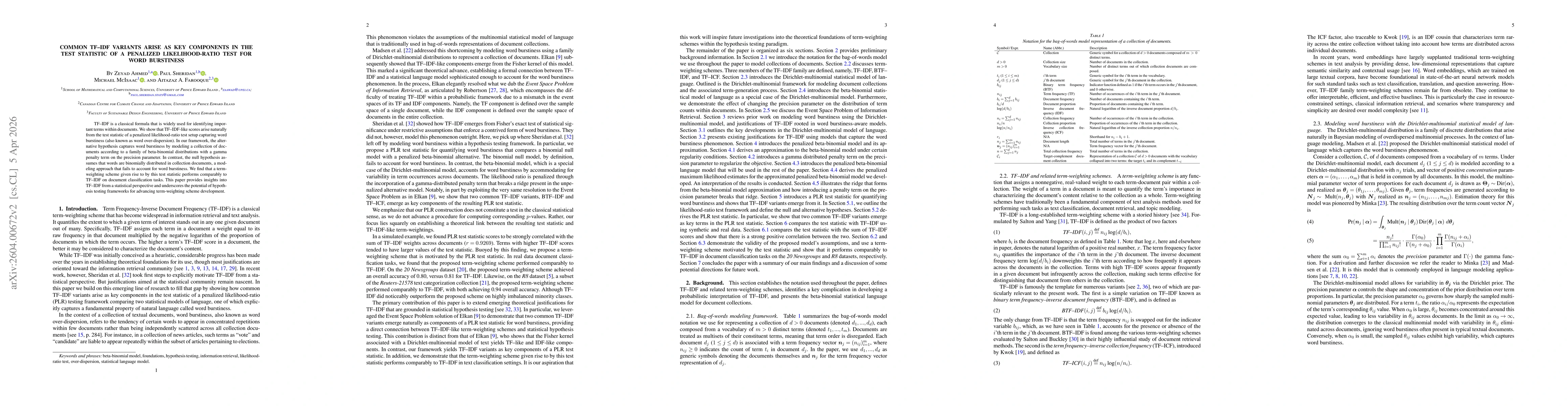 Thumbnail for Common TF-IDF variants arise as key components in the test statistic of a penalized likelihood-ratio test for word burstiness