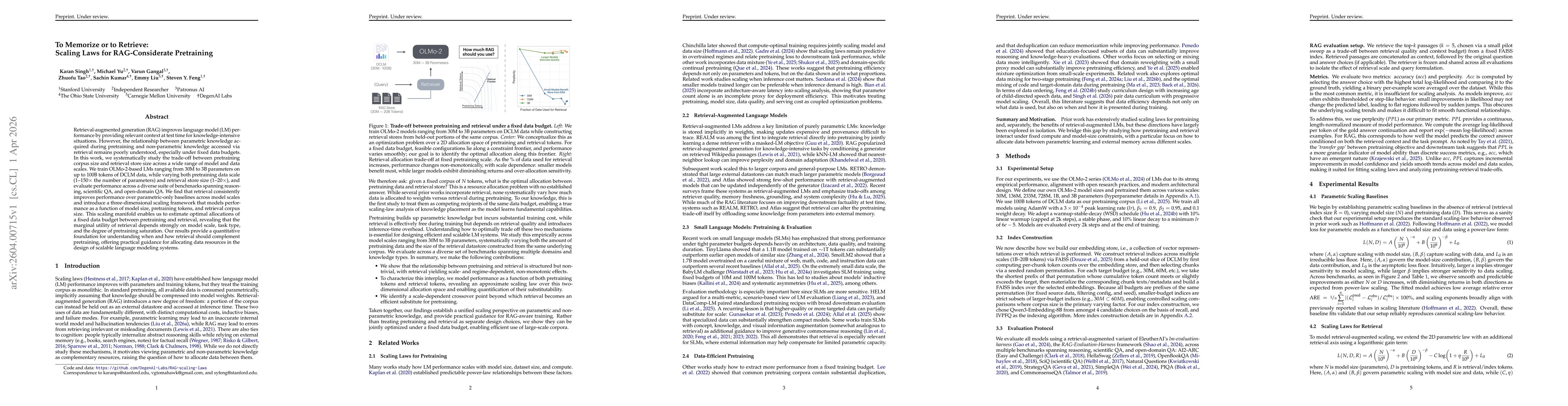 Thumbnail for To Memorize or to Retrieve: Scaling Laws for RAG-Considerate Pretraining