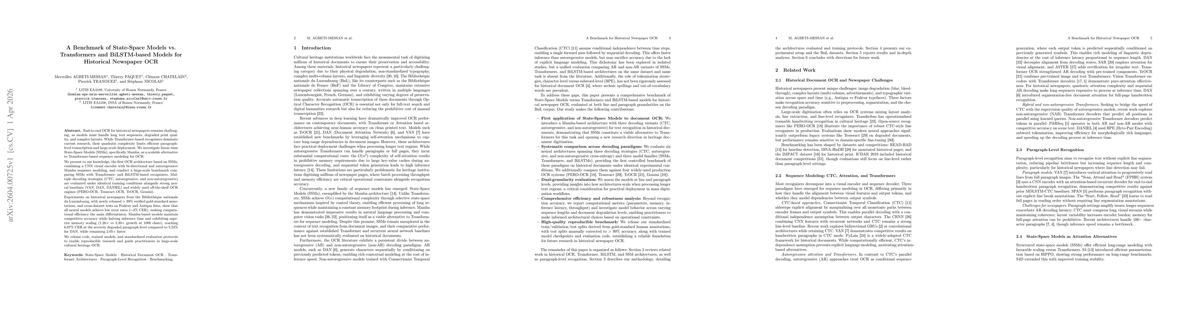 Thumbnail for A Benchmark of State-Space Models vs. Transformers and BiLSTM-based Models for Historical Newspaper OCR