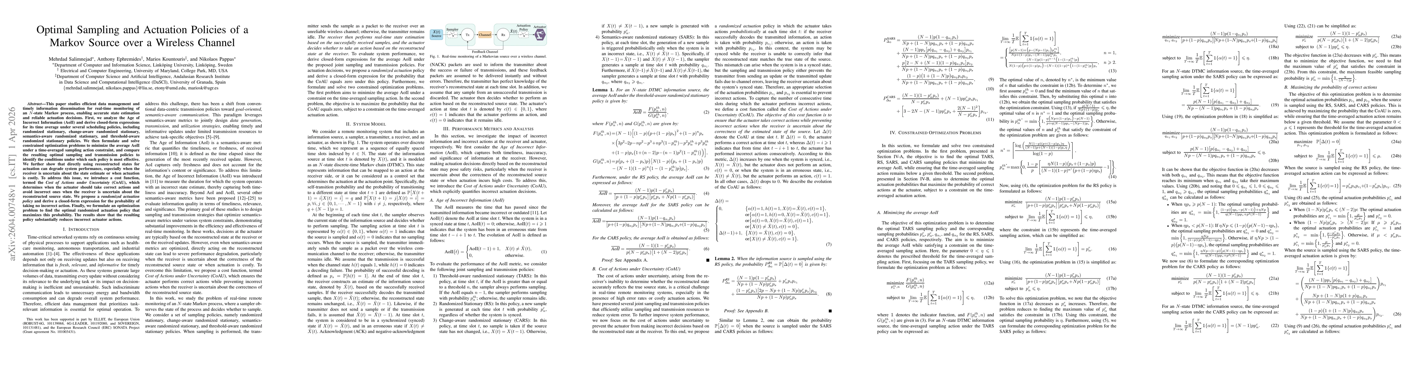 Thumbnail for Optimal Sampling and Actuation Policies of a Markov Source over a Wireless Channel