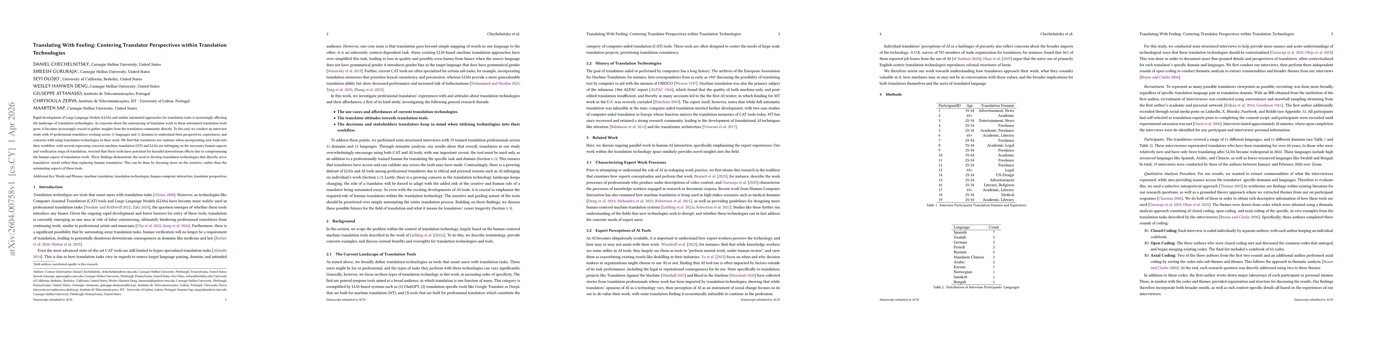 Thumbnail for Translating With Feeling: Centering Translator Perspectives within Translation Technologies