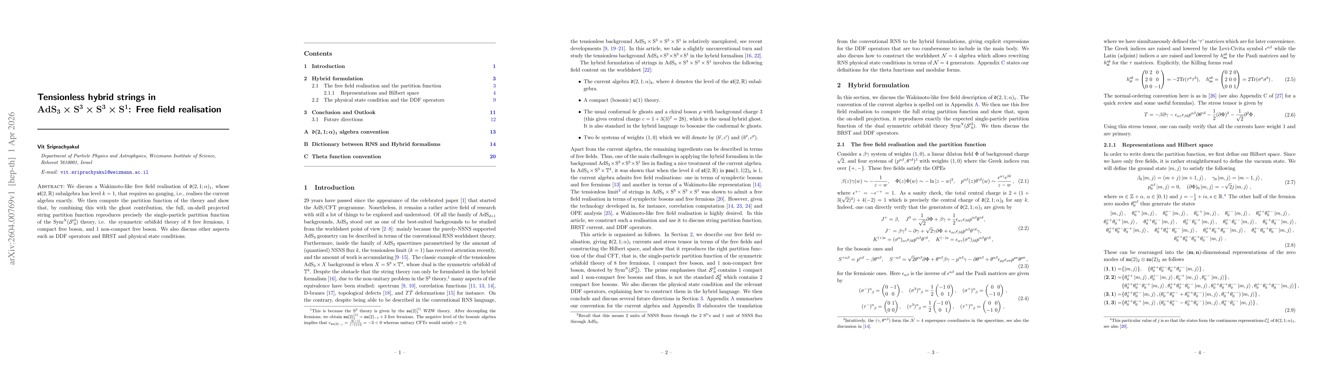 Thumbnail for Tensionless hybrid strings in $\rm AdS_3\times S^3\times S^3\times S^1$: Free field realisation