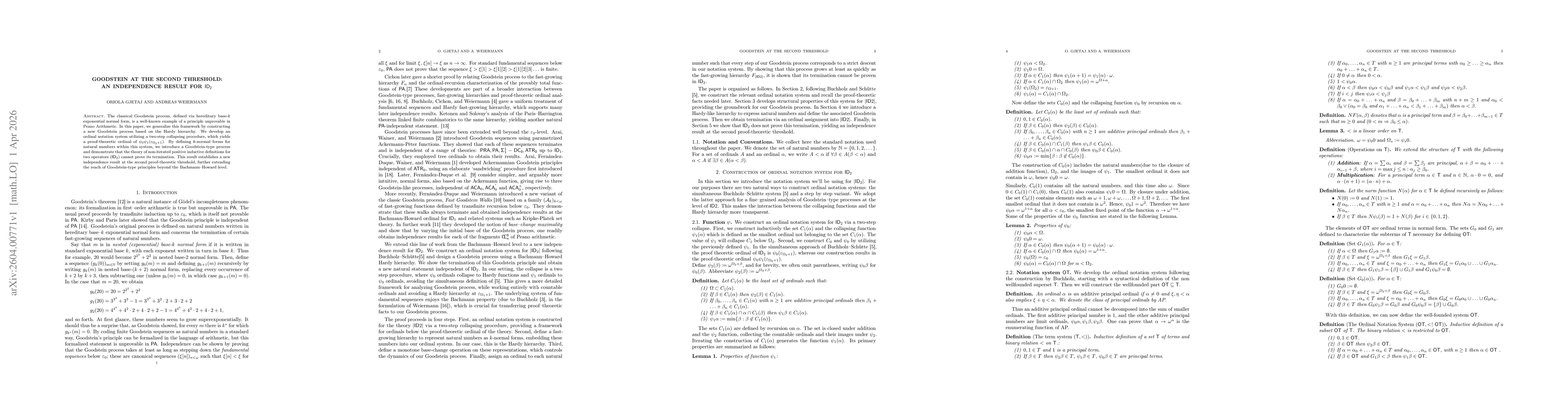 Thumbnail for Goodstein at the Second Threshold: An Independence Result for $ID_2$