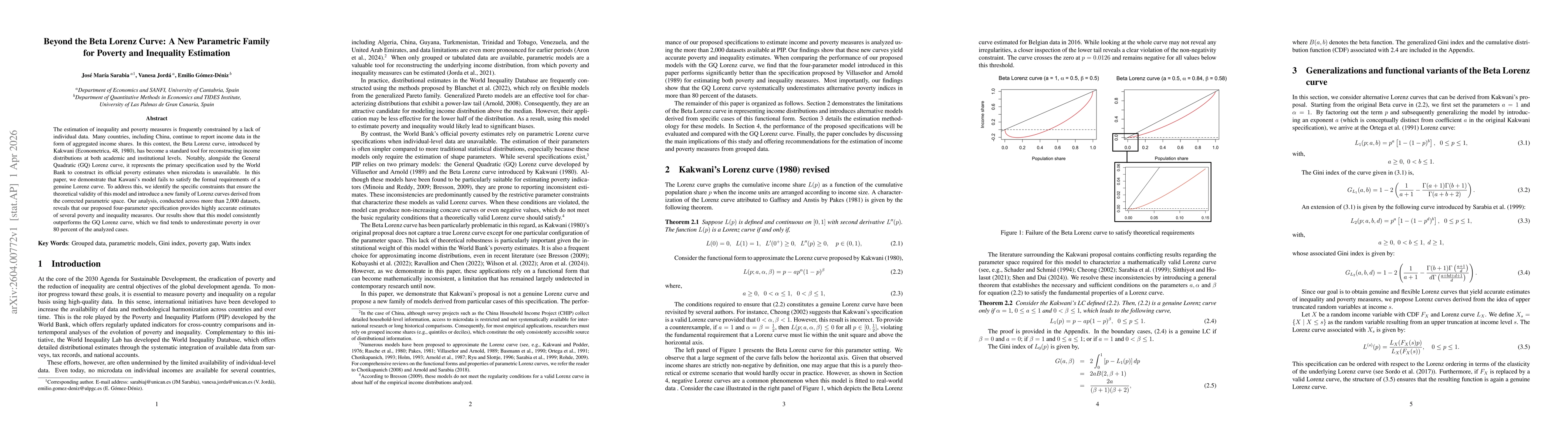 Thumbnail for Beyond the Beta Lorenz Curve: A New Parametric Family for Poverty and Inequality Estimation