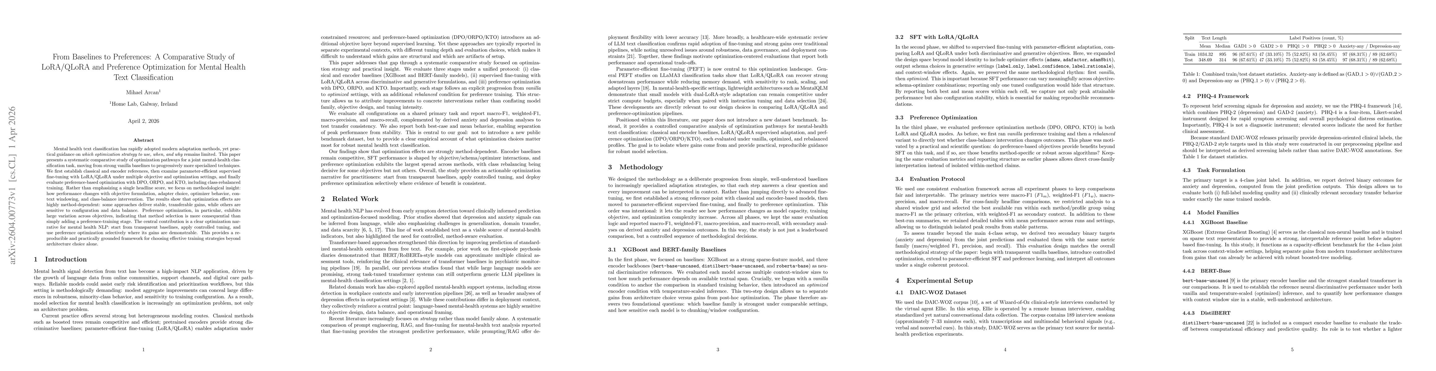 Thumbnail for From Baselines to Preferences: A Comparative Study of LoRA/QLoRA and Preference Optimization for Mental Health Text Classification