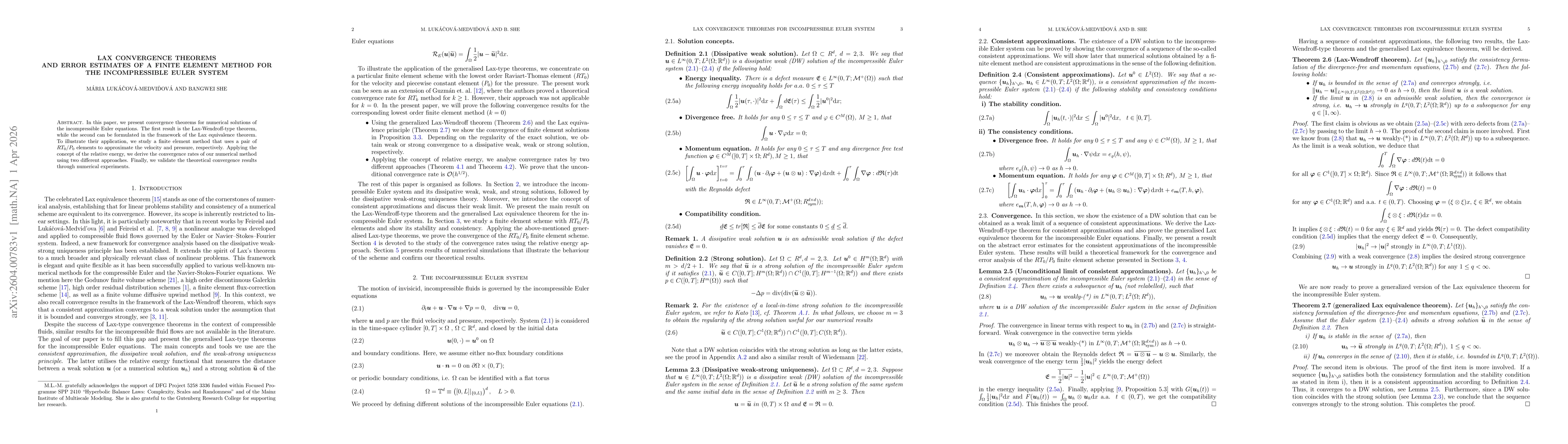 Thumbnail for Lax convergence theorems and error estimates of a finite element method for the incompressible Euler system