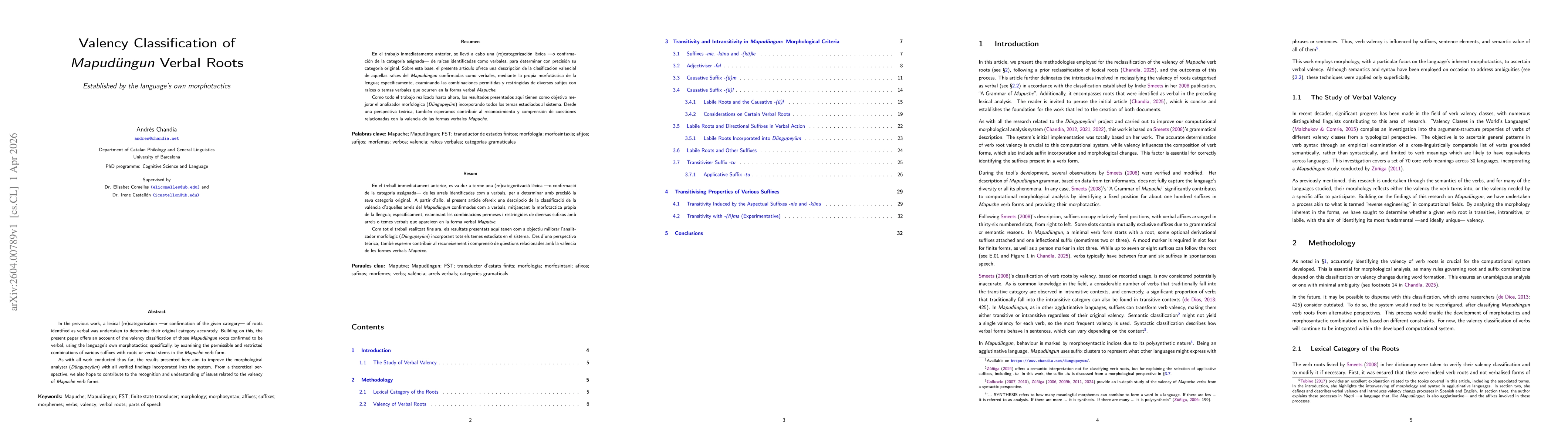 Thumbnail for Valency Classification of Mapudungun Verbal Roots. Established by the language's own morphotactics