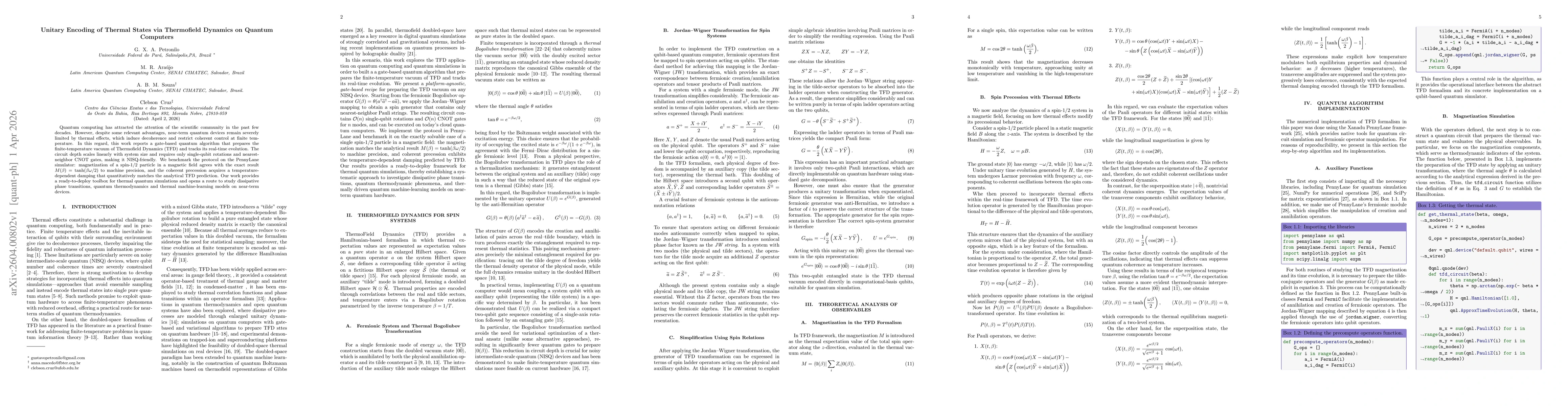 Thumbnail for Unitary Encoding of Thermal States via Thermofield Dynamics on Quantum Computers