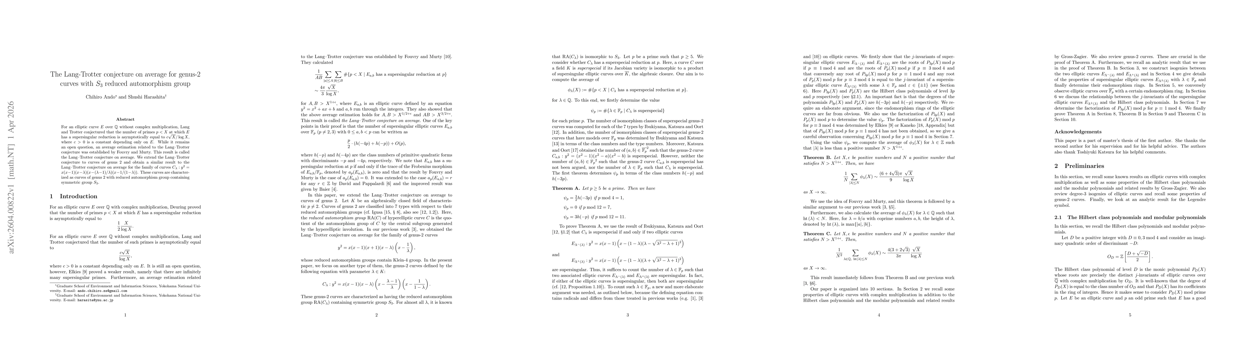 Thumbnail for The Lang-Trotter conjecture on average for genus-$2$ curves with $S_3$ reduced automorphism group
