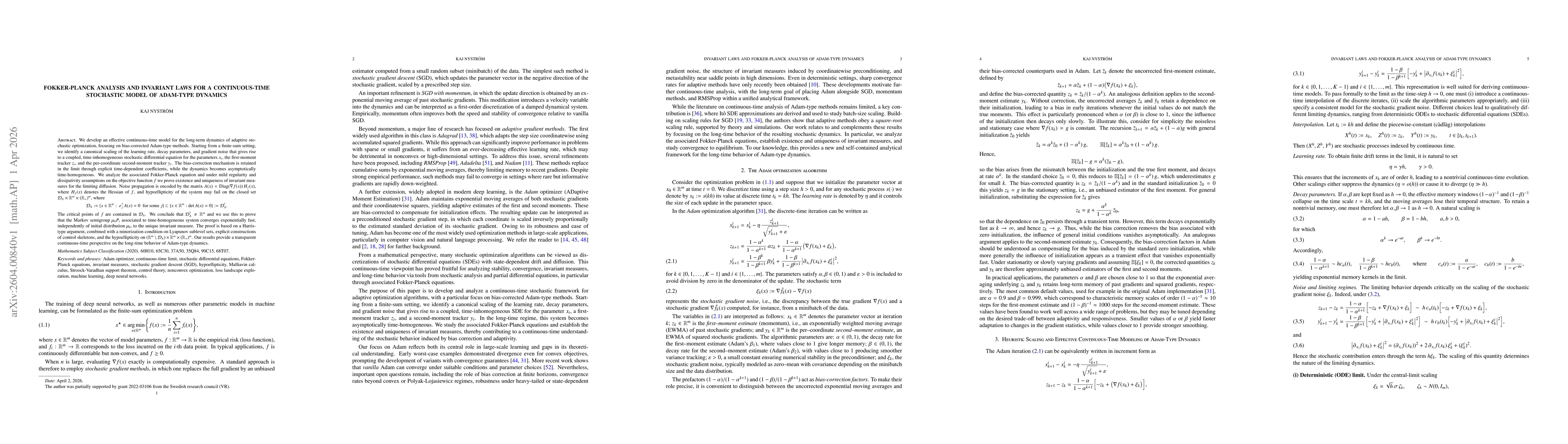 Thumbnail for Fokker-Planck Analysis and Invariant Laws for a Continuous-Time Stochastic Model of Adam-Type Dynamics