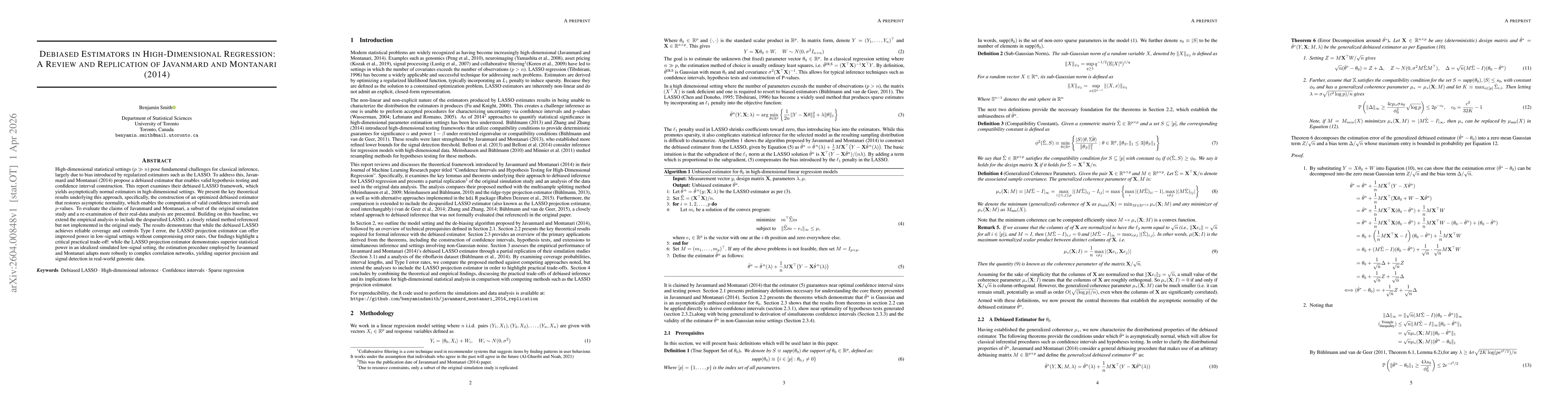 Thumbnail for Debiased Estimators in High-Dimensional Regression: A Review and Replication of Javanmard and Montanari (2014)