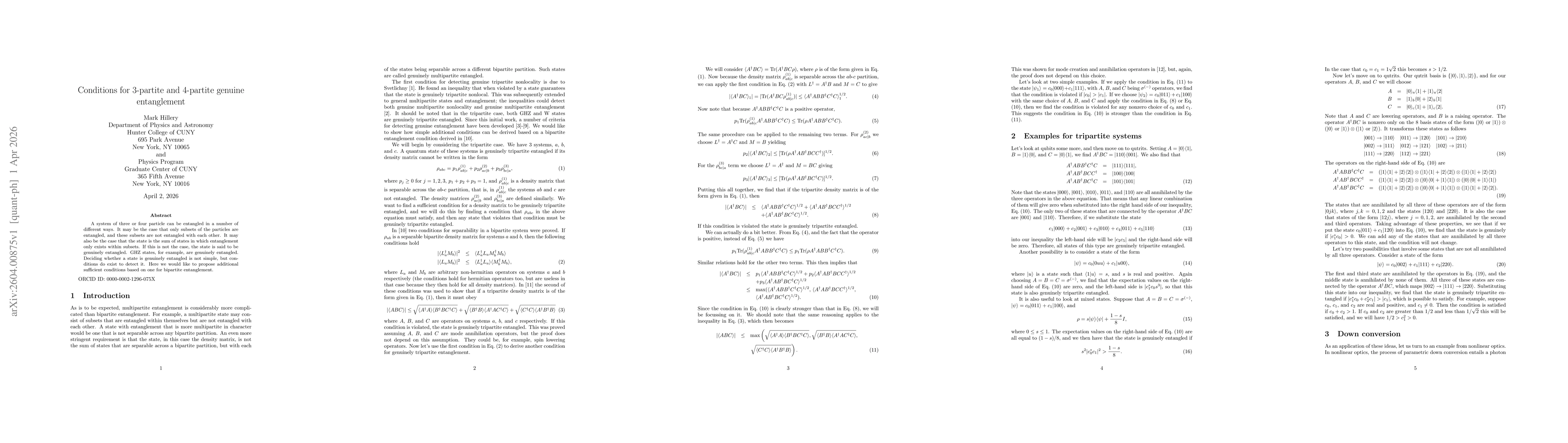 Thumbnail for Conditions for 3-partite and 4-partite genuine entanglement