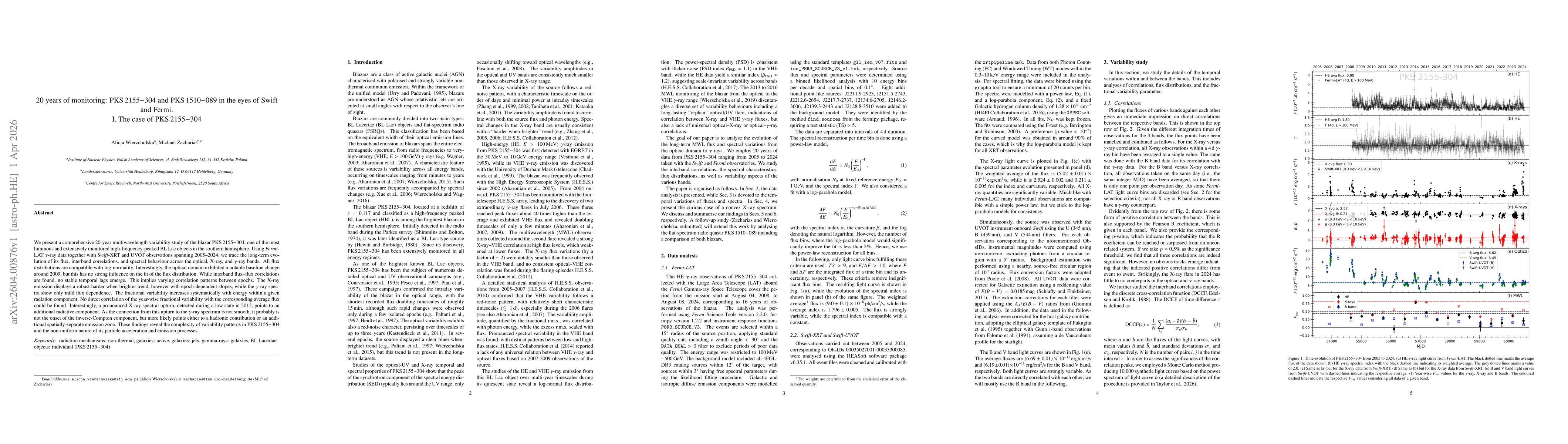 Thumbnail for 20 years of monitoring: PKS 2155-304 and PKS 1510-089 in the eyes of Swift and Fermi. I. The case of PKS 2155-304