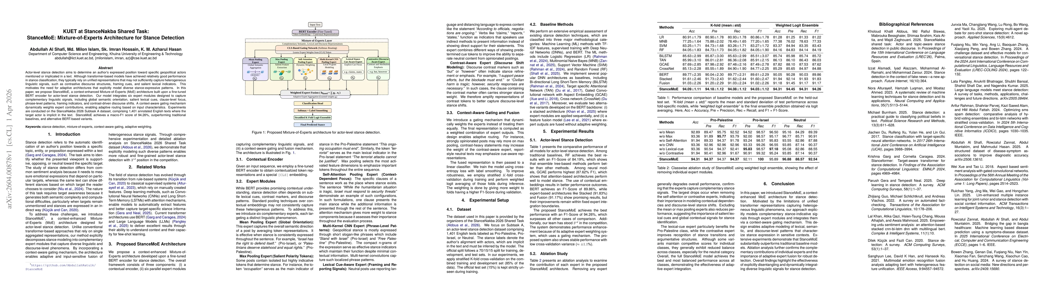 Thumbnail for KUET at StanceNakba Shared Task: StanceMoE: Mixture-of-Experts Architecture for Stance Detection