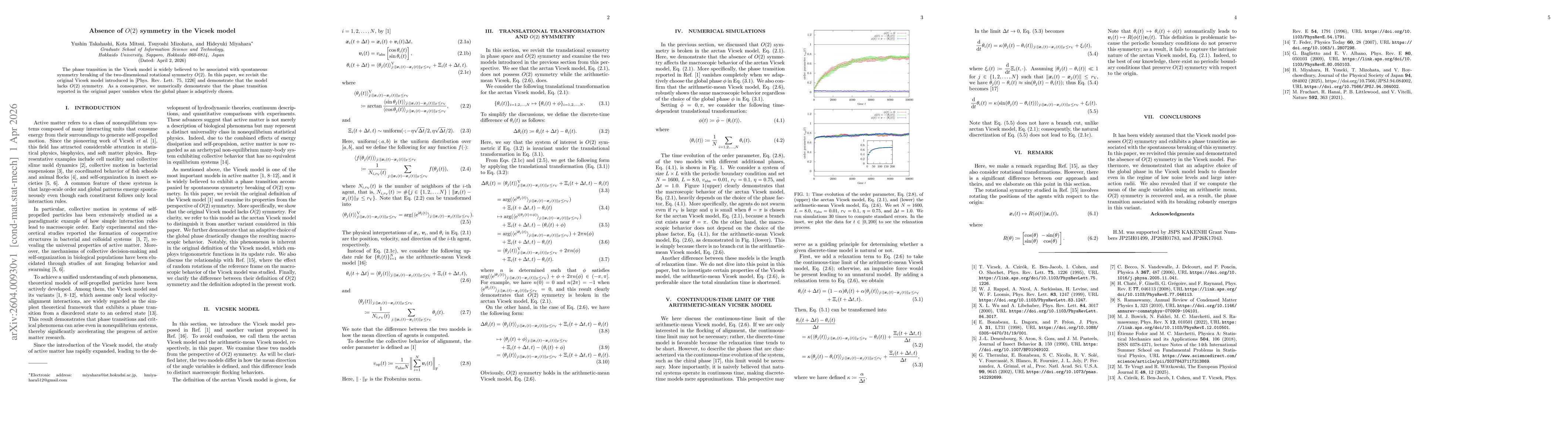 Thumbnail for Absence of $O (2)$ symmetry in the Vicsek model