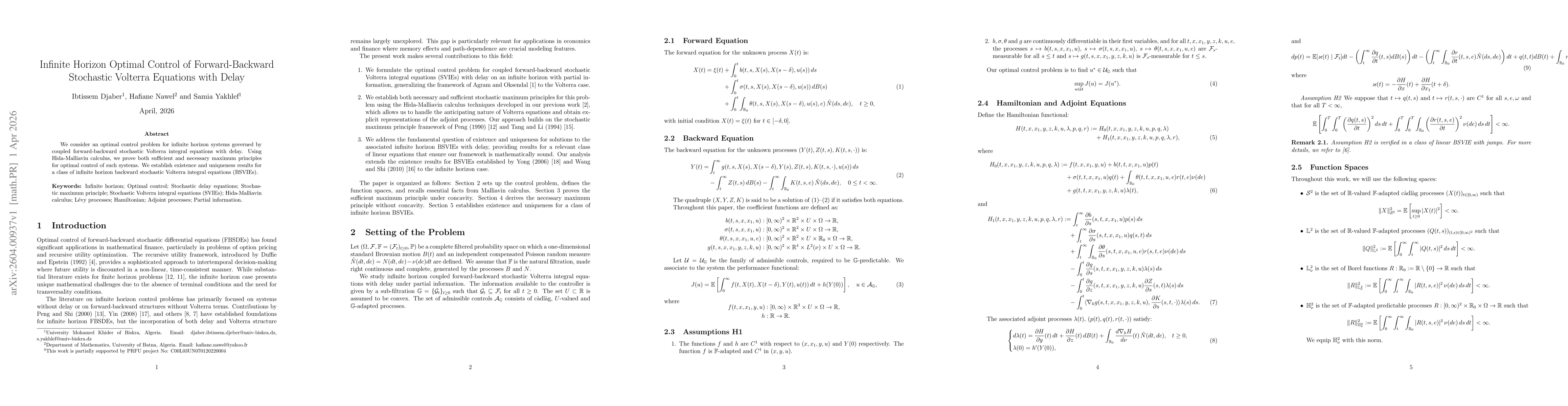 Thumbnail for Infinite Horizon Optimal Control of Forward-Backward Stochastic Volterra Equations with Delay