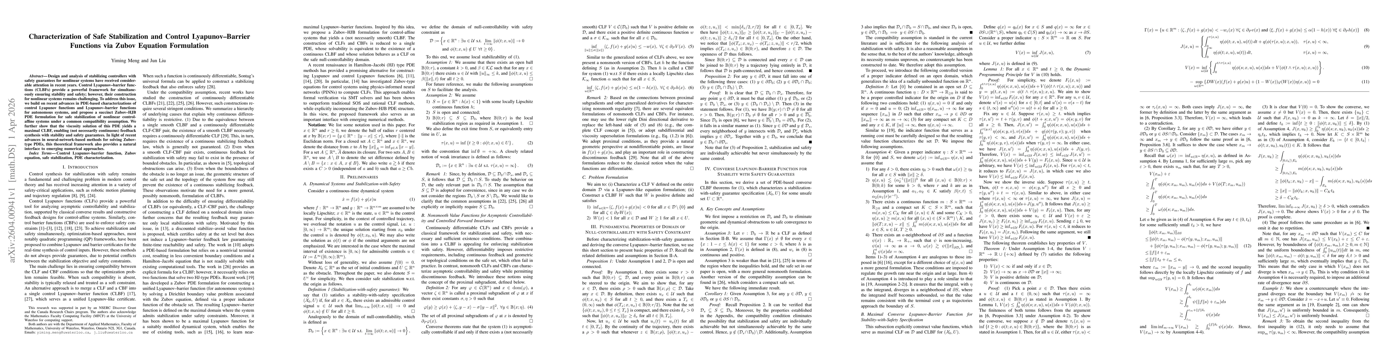 Thumbnail for Characterization of Safe Stabilization and Control Lyapunov-Barrier Functions via Zubov Equation Formulation