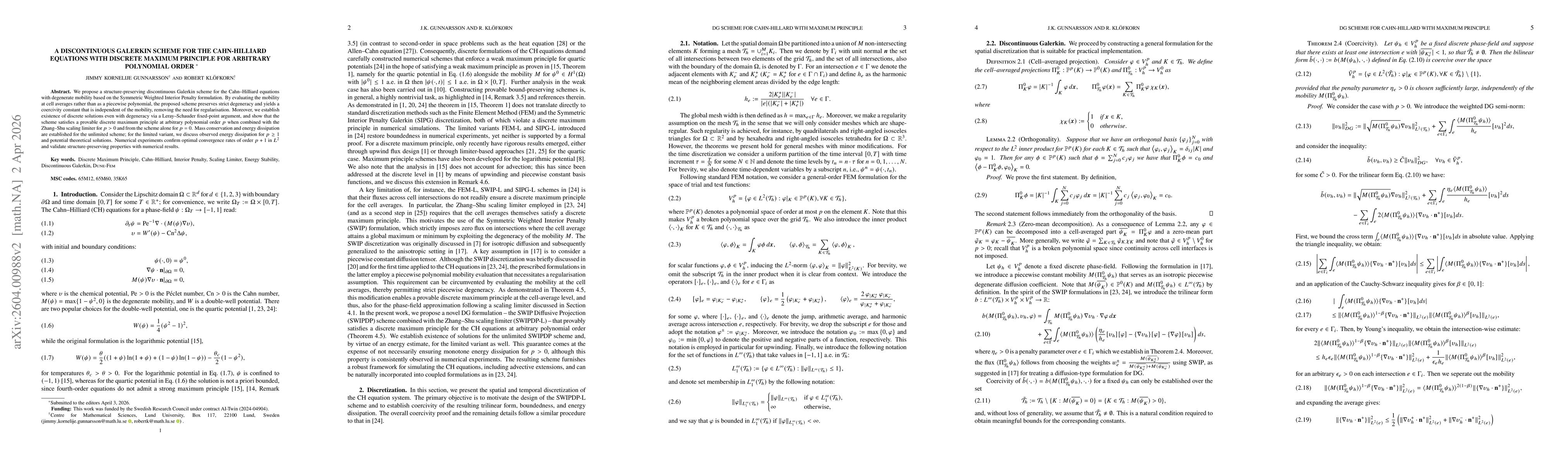 Thumbnail for A Discontinuous Galerkin Scheme for the Cahn-Hilliard Equations with Discrete Maximum Principle for Arbitrary Polynomial Order