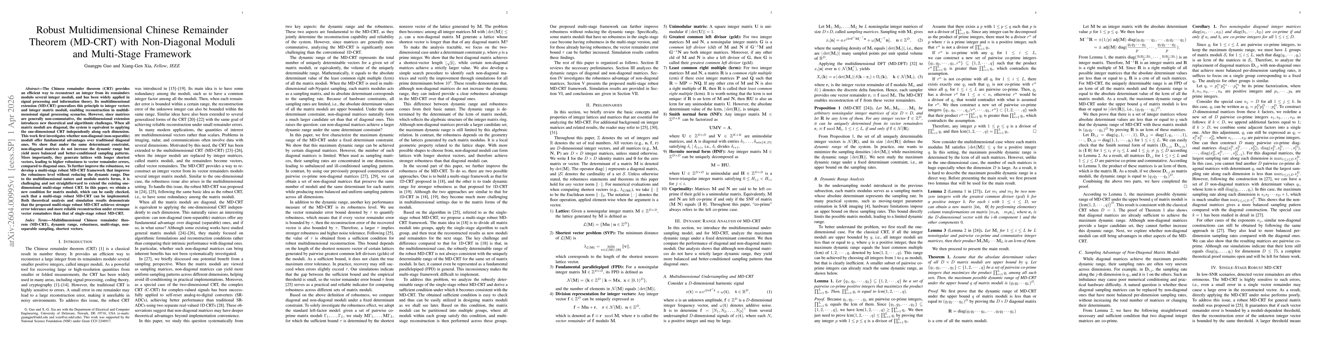 Thumbnail for Robust Multidimensional Chinese Remainder Theorem (MD-CRT) with Non-Diagonal Moduli and Multi-Stage Framework