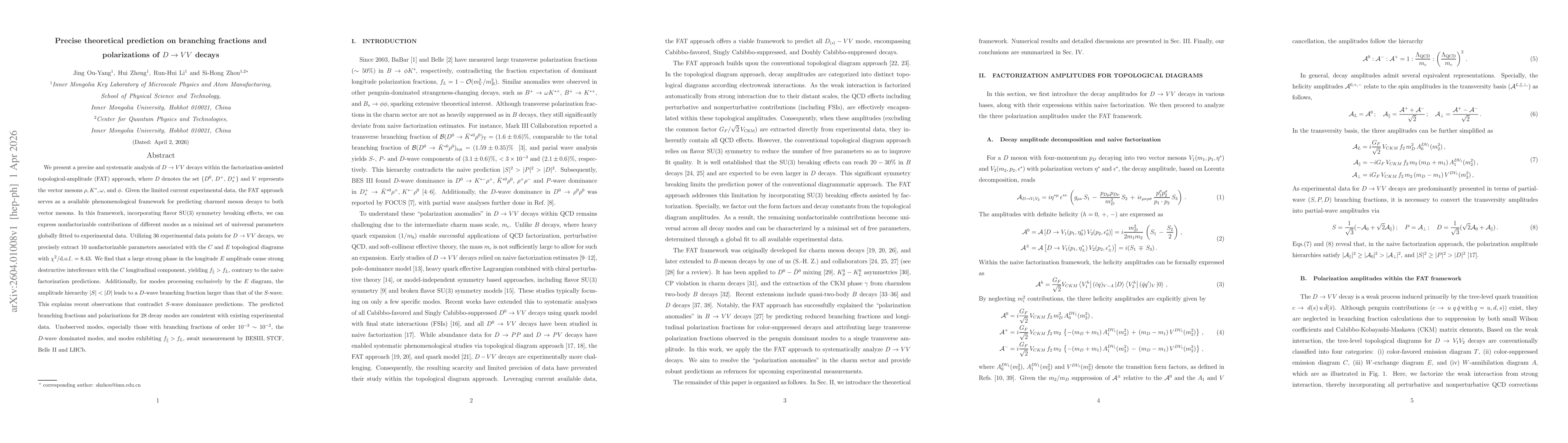 Thumbnail for Precise theoretical prediction on branching fractions and polarizations of $D \to V V$ decays