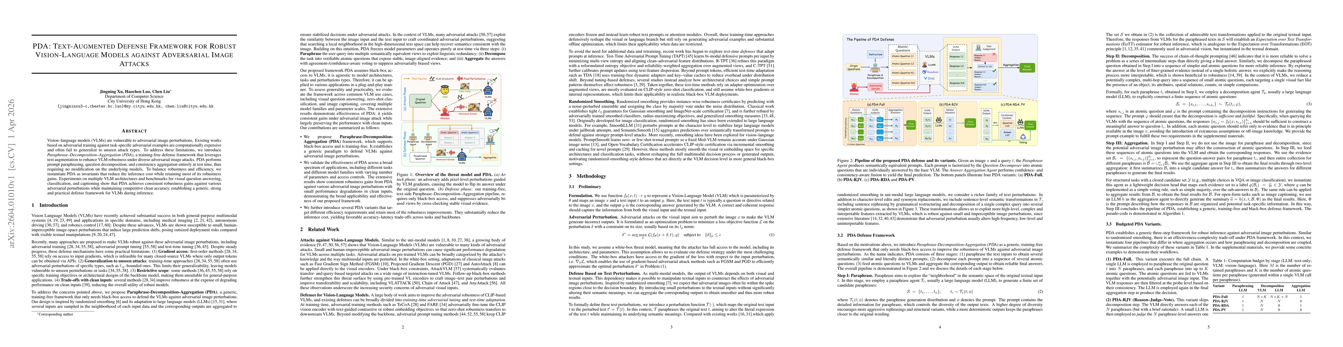 Thumbnail for PDA: Text-Augmented Defense Framework for Robust Vision-Language Models against Adversarial Image Attacks